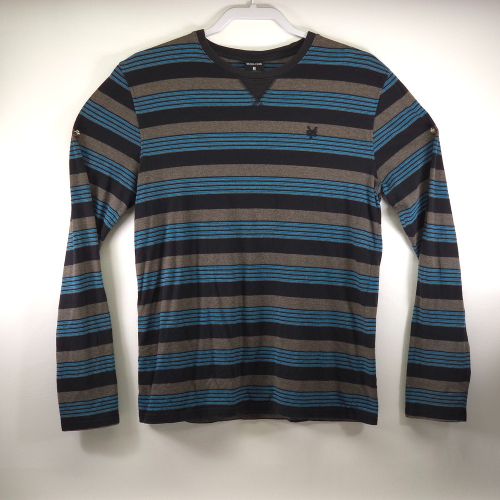 ZOO YORK Long Sleeve Shirt Men's Medium Striped Y2K Blue Gray Cotton Skatewear